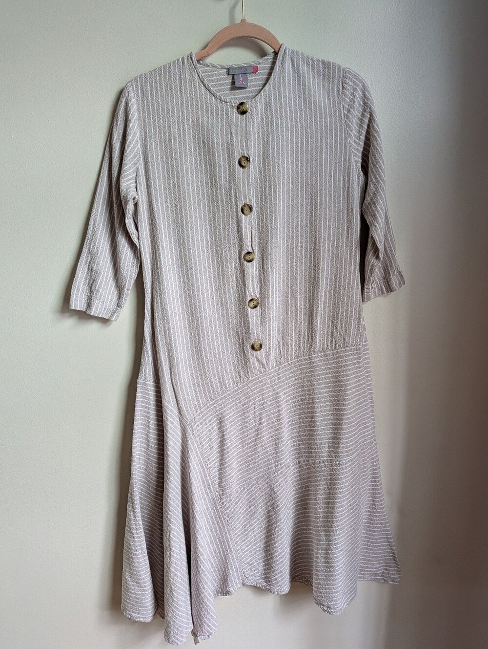 CAVALIER Canadian Beige White Striped Button-Front Linen Asymmetrical Dress M
